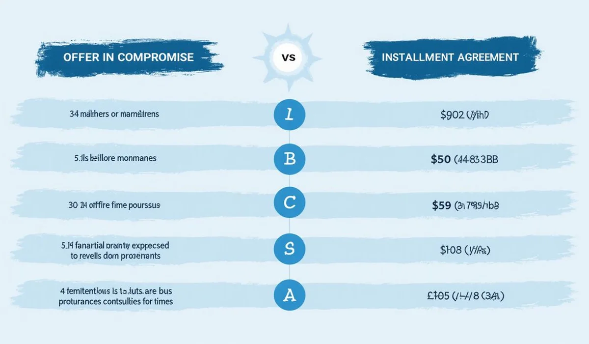 Comparison table Offer in Compromise versus installment agreement with eligibility cost timeline brand blue
