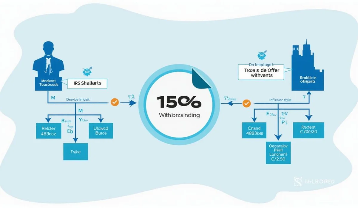 Graphic explaining FIRPTA 15 percent withholding flow from closing to IRS with seller buyer roles brand colors