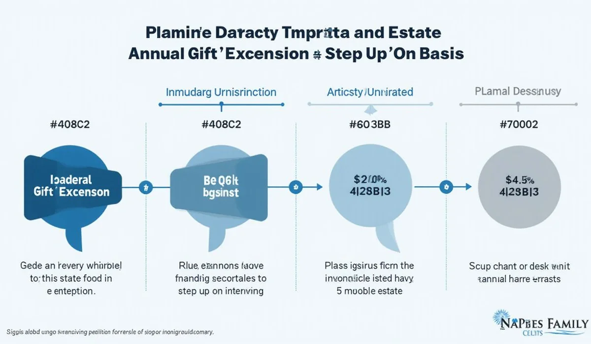 Graphic of federal estate exemption annual gift exclusion and step up in basis with Naples family context brand colors