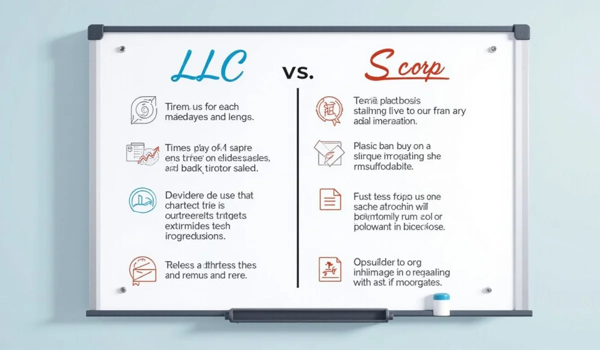 LLC versus S corp comparison chart on whiteboard with self employment tax savings highlighted strategy meeting