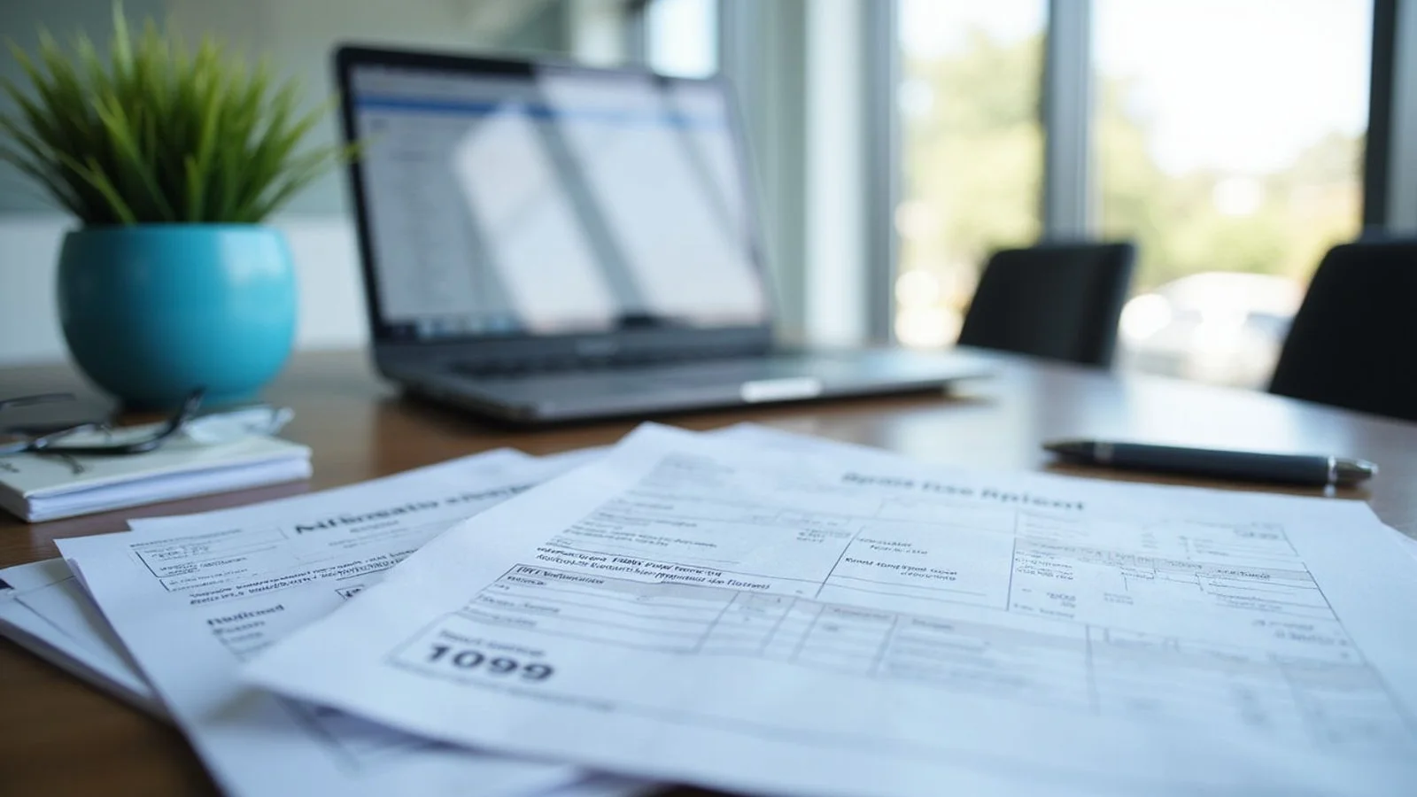 Organized tax documents and laptop in a Naples office