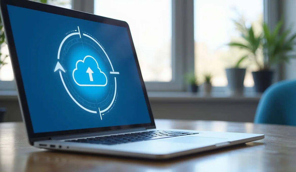 Secure cloud document upload screen with tax return files being transmitted from laptop confident remote filing
