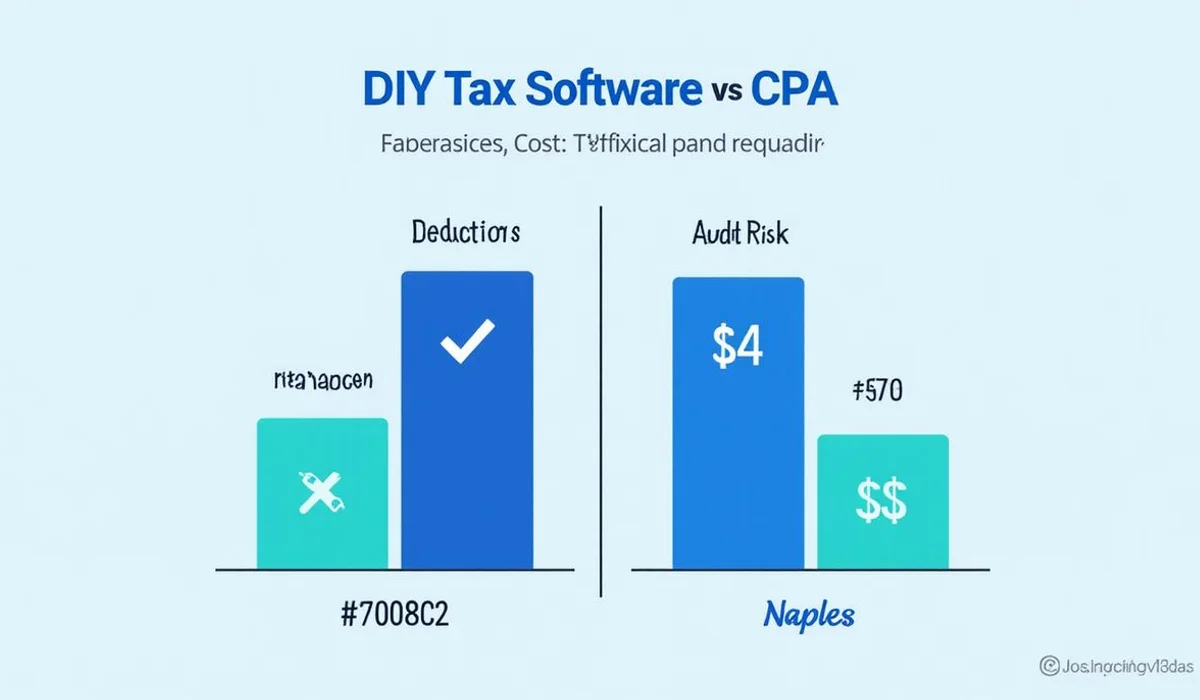 Side by side comparison graphic DIY tax software vs CPA with cost deductions audit risk columns brand blue