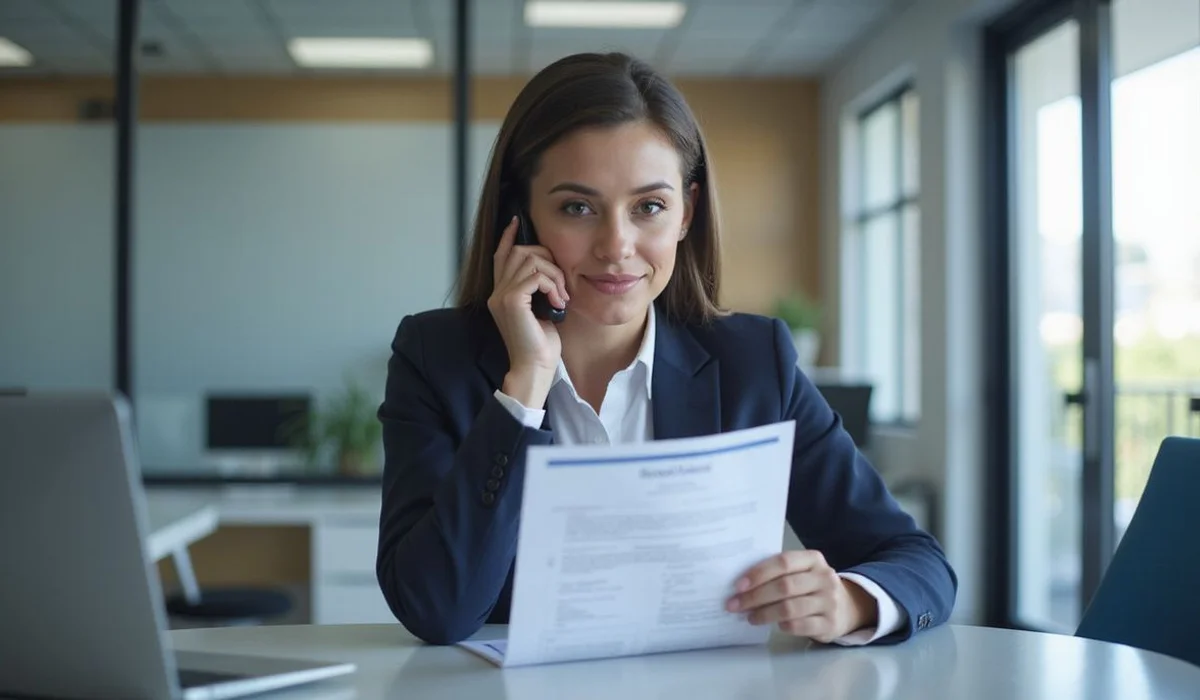 Tax representative on phone with IRS agent holding power of attorney Form 2848 in Naples office confident